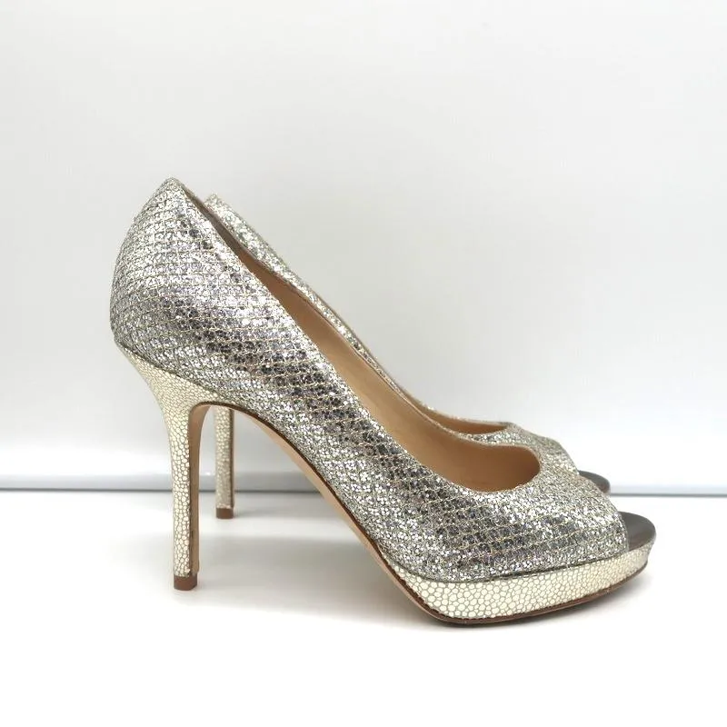 Jimmy Choo Luna Platform Pumps Champagne Glitter Fabric Size 35 Peep Toe Heels