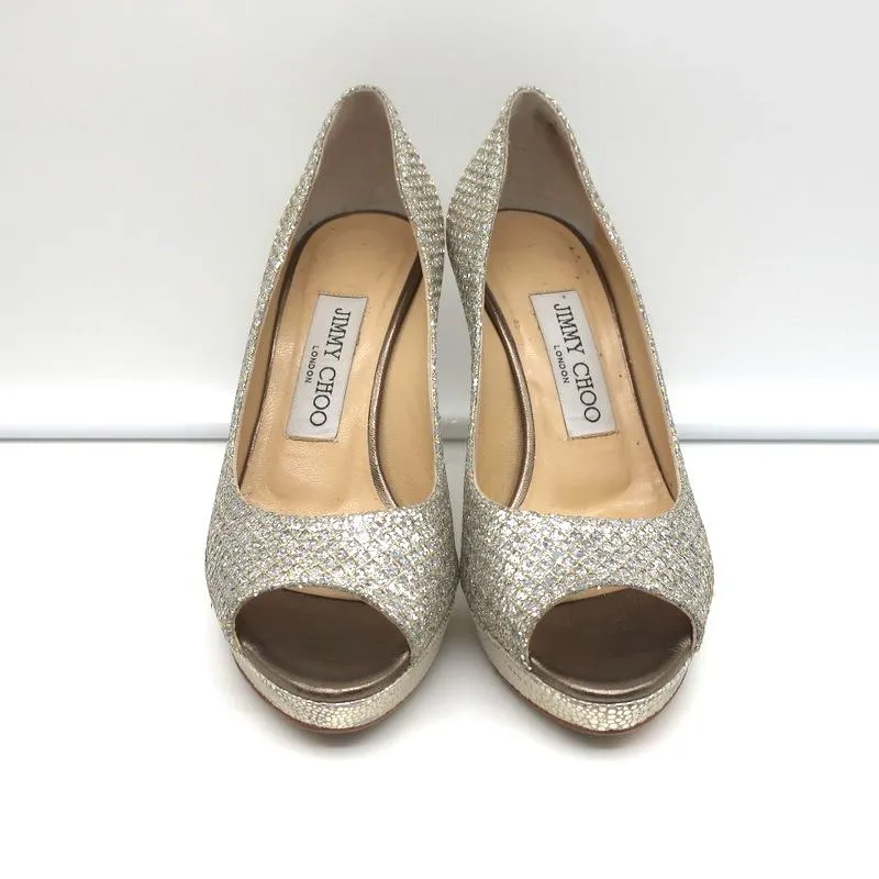 Jimmy Choo Luna Platform Pumps Champagne Glitter Fabric Size 35 Peep Toe Heels