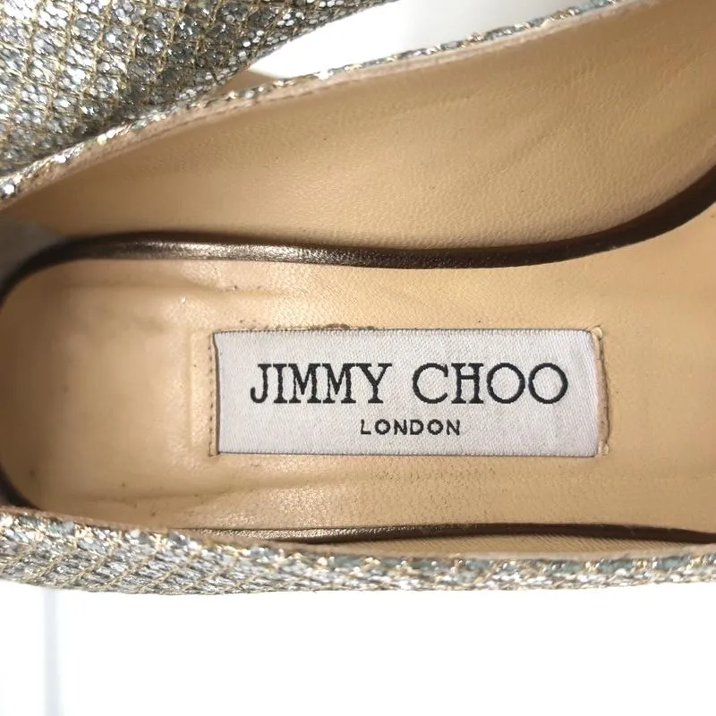 Jimmy Choo Luna Platform Pumps Champagne Glitter Fabric Size 35 Peep Toe Heels