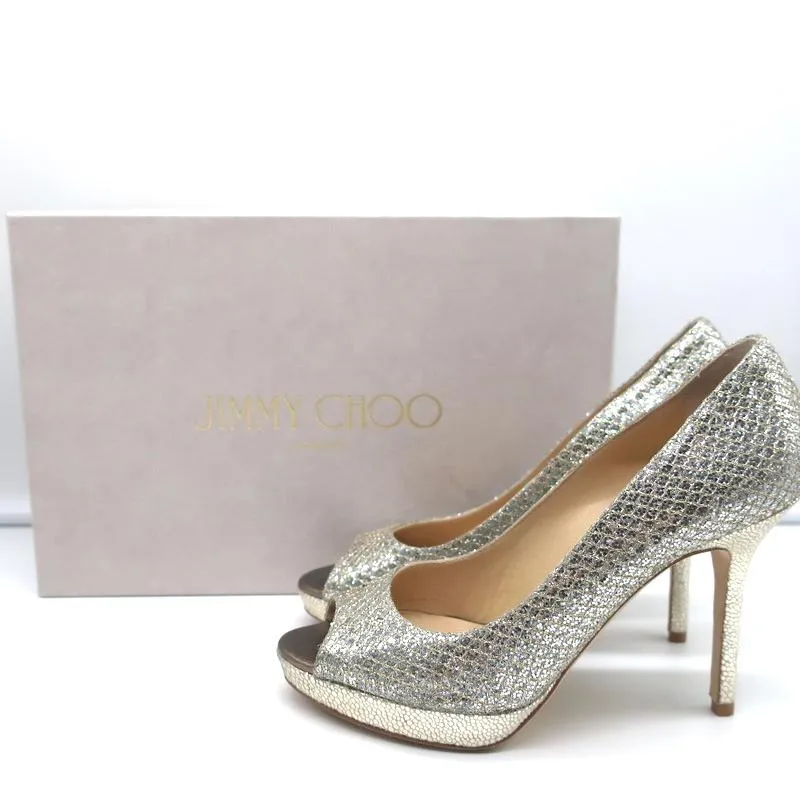 Jimmy Choo Luna Platform Pumps Champagne Glitter Fabric Size 35 Peep Toe Heels