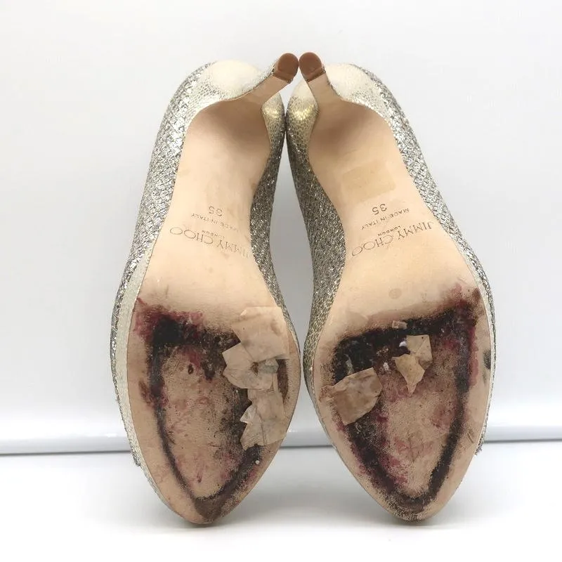 Jimmy Choo Luna Platform Pumps Champagne Glitter Fabric Size 35 Peep Toe Heels