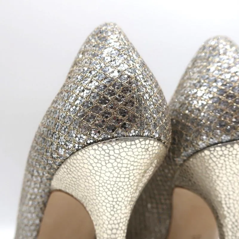 Jimmy Choo Luna Platform Pumps Champagne Glitter Fabric Size 35 Peep Toe Heels