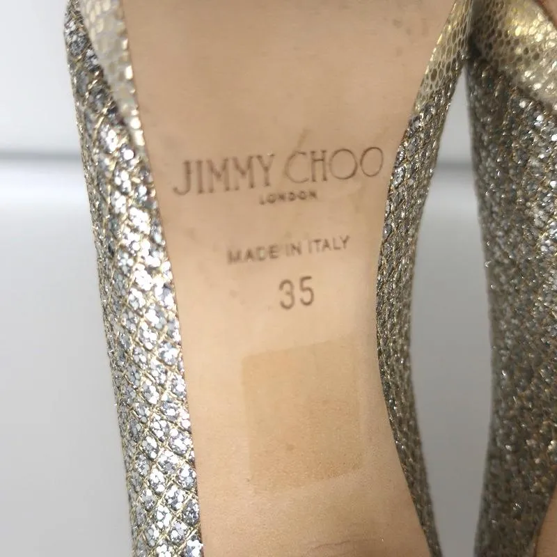 Jimmy Choo Luna Platform Pumps Champagne Glitter Fabric Size 35 Peep Toe Heels