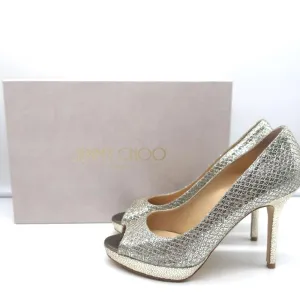 Jimmy Choo Luna Platform Pumps Champagne Glitter Fabric Size 35 Peep Toe Heels