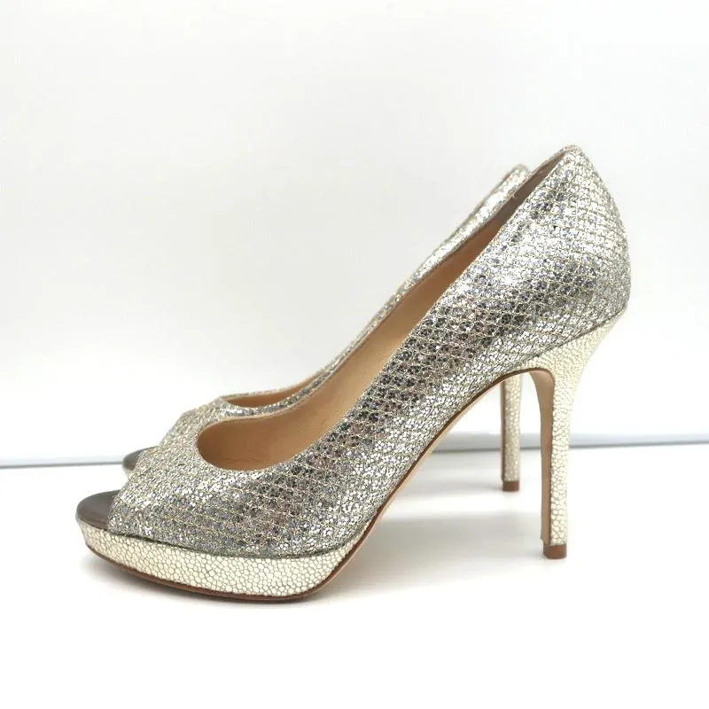 Jimmy Choo Luna Platform Pumps Champagne Glitter Fabric Size 35 Peep Toe Heels
