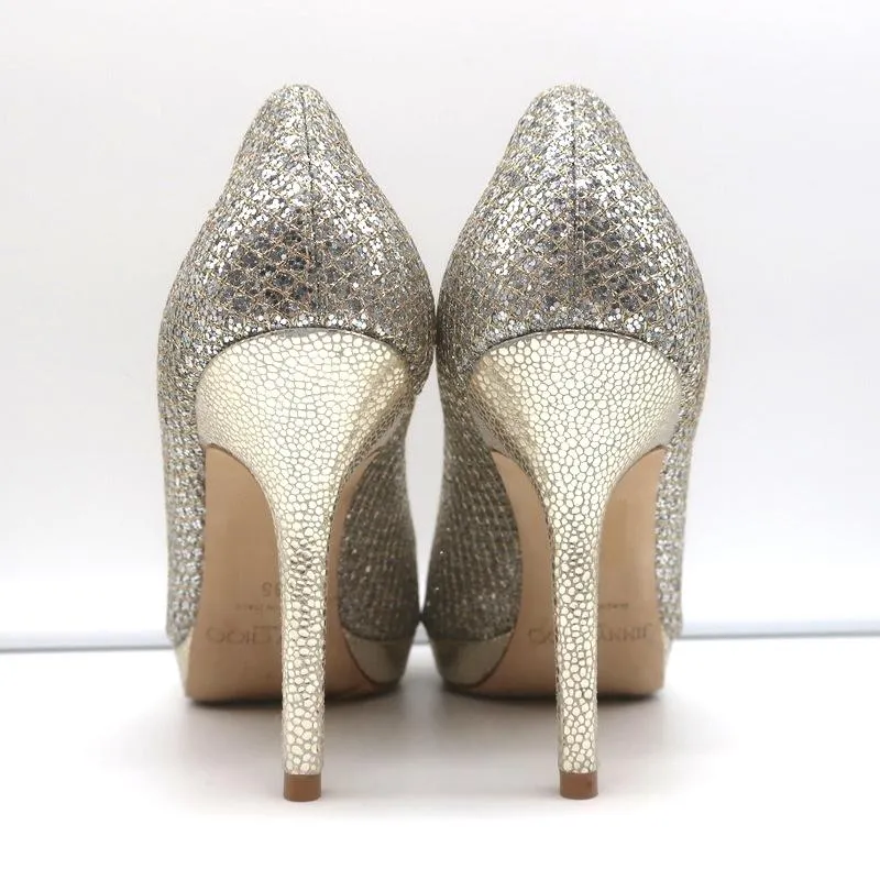 Jimmy Choo Luna Platform Pumps Champagne Glitter Fabric Size 35 Peep Toe Heels