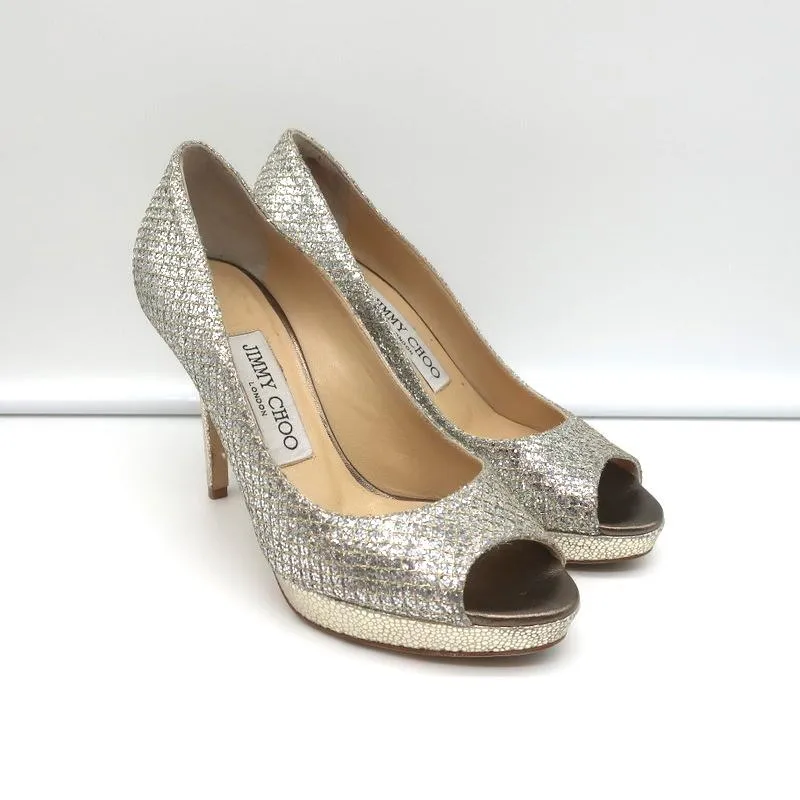Jimmy Choo Luna Platform Pumps Champagne Glitter Fabric Size 35 Peep Toe Heels