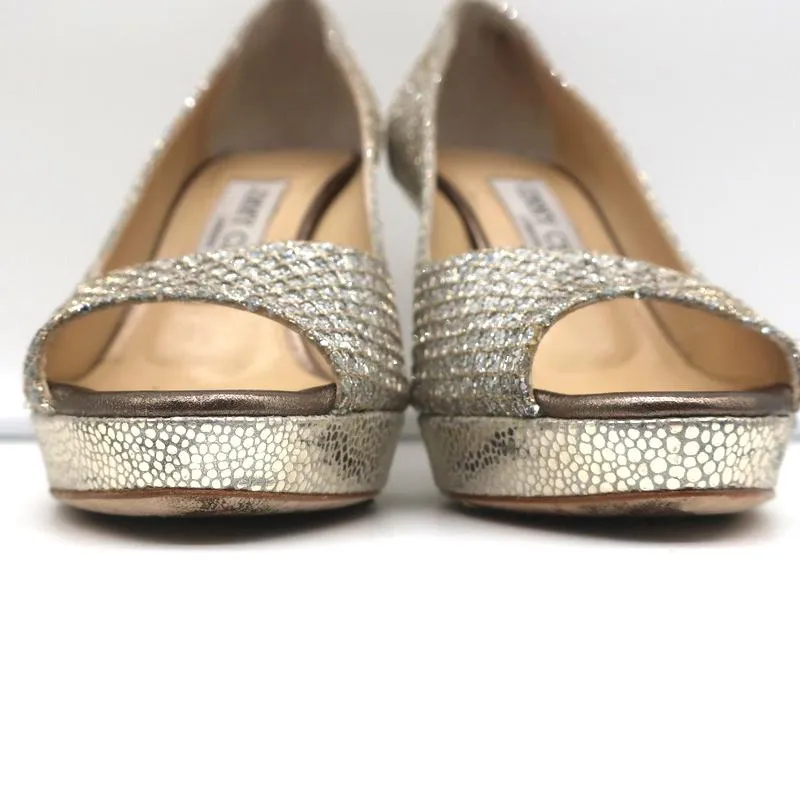 Jimmy Choo Luna Platform Pumps Champagne Glitter Fabric Size 35 Peep Toe Heels