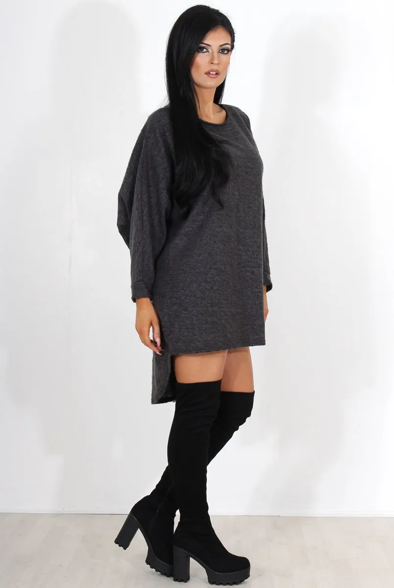 Leah Dark Grey Drooped Back Jumper Dress