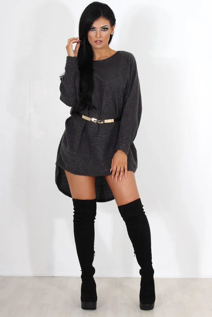 Leah Dark Grey Drooped Back Jumper Dress