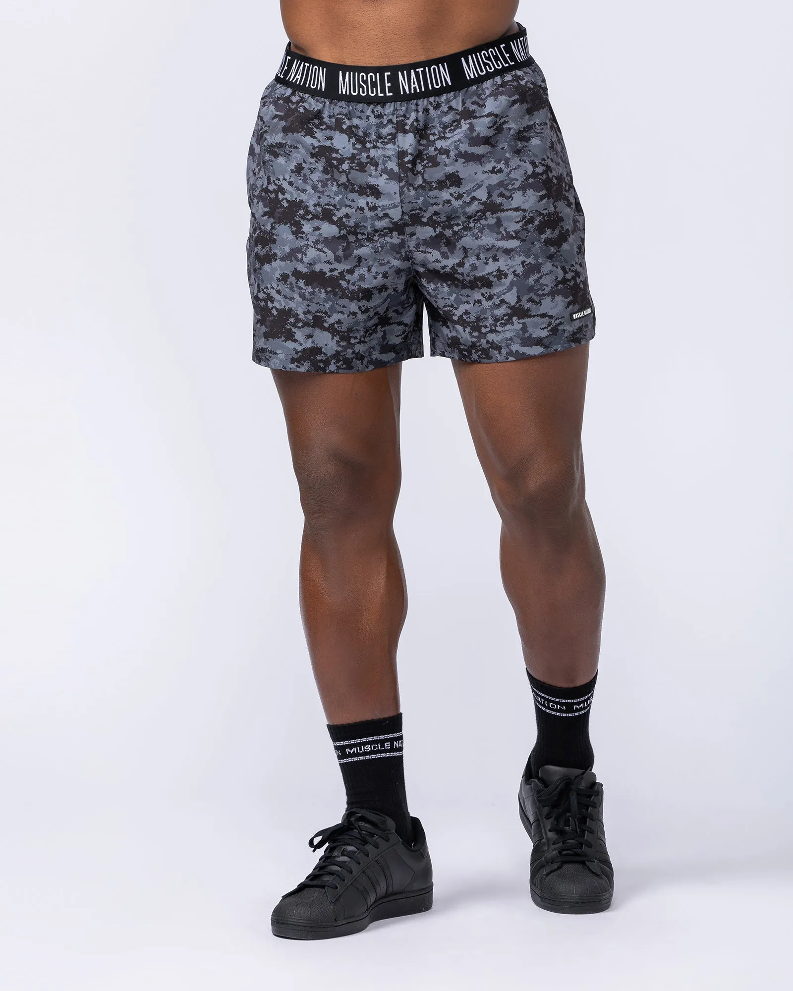 Level Up Training 4" Shorts - Grey/Black Distressed Print