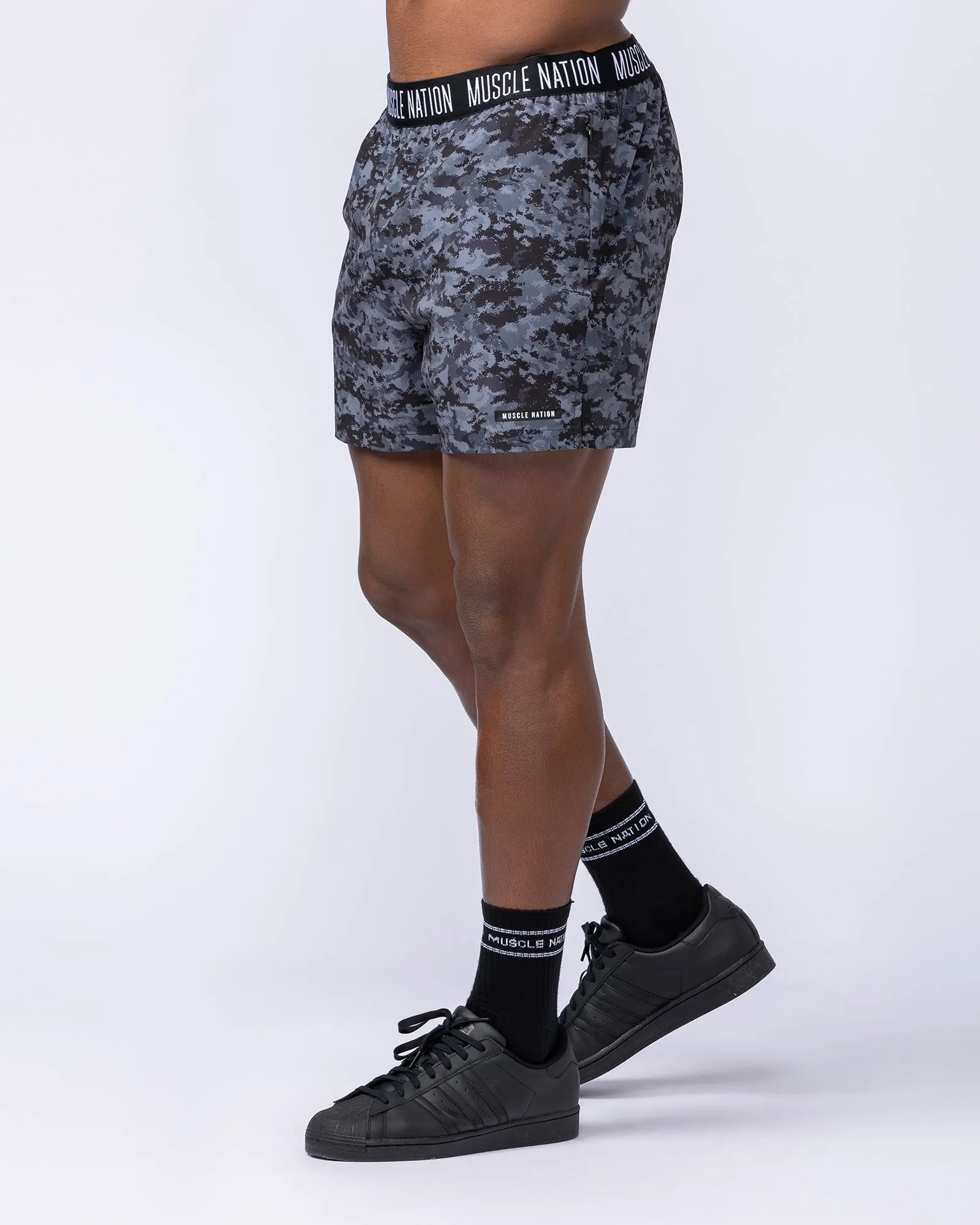 Level Up Training 4" Shorts - Grey/Black Distressed Print