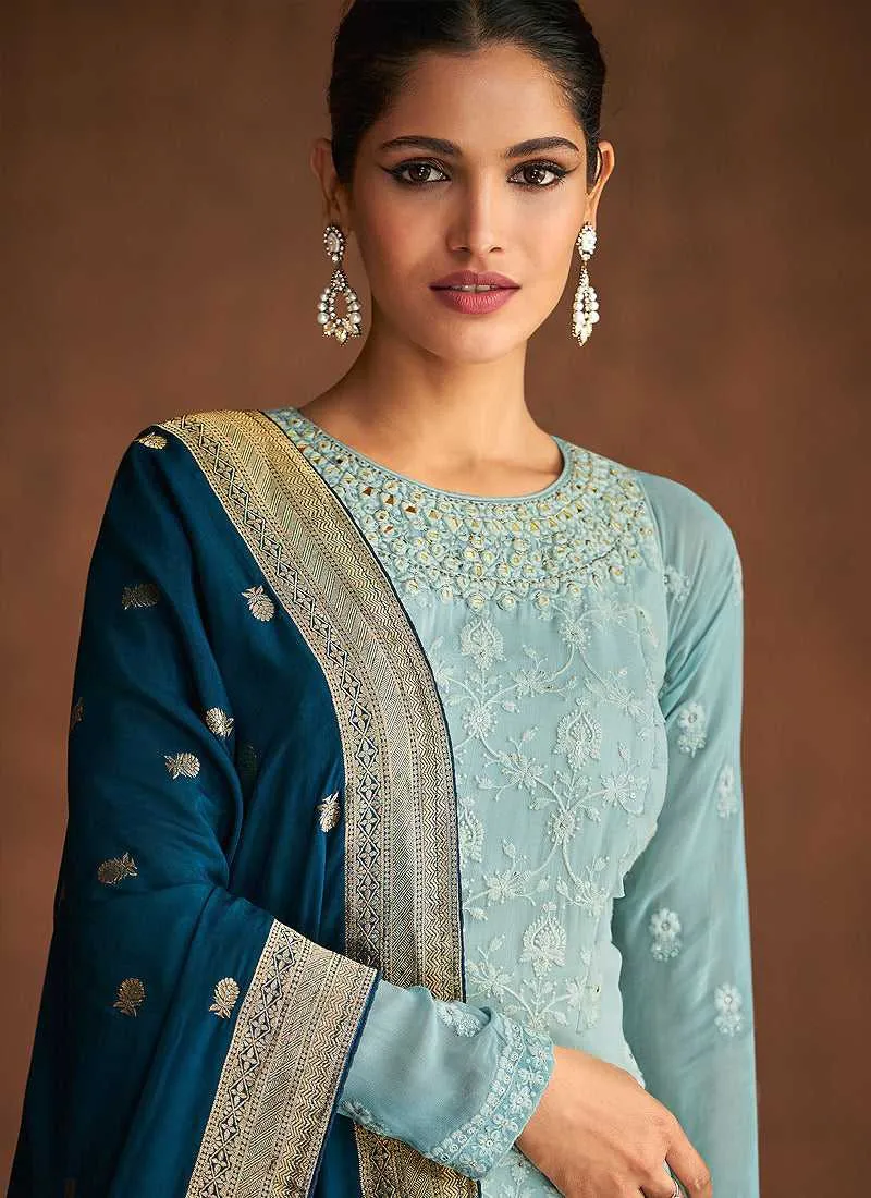 Light Blue and Teal Lucknowi Embroidered Sharara Suit