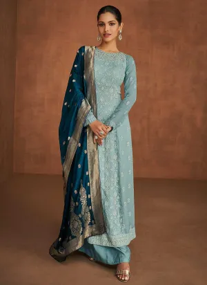 Light Blue and Teal Lucknowi Embroidered Sharara Suit