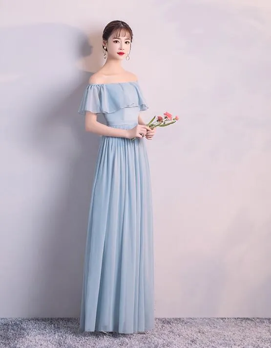 Light Blue-Grey Off Shoulder Chiffon Long Bridesmaid Dress , Simple Bridesmaid Dresses