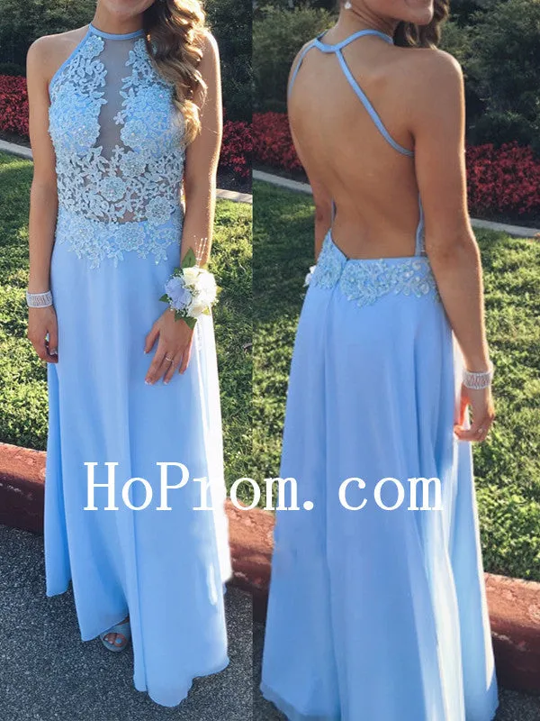 Light Blue Prom Dresses,Halter Prom Dress,Backless Evening Dress