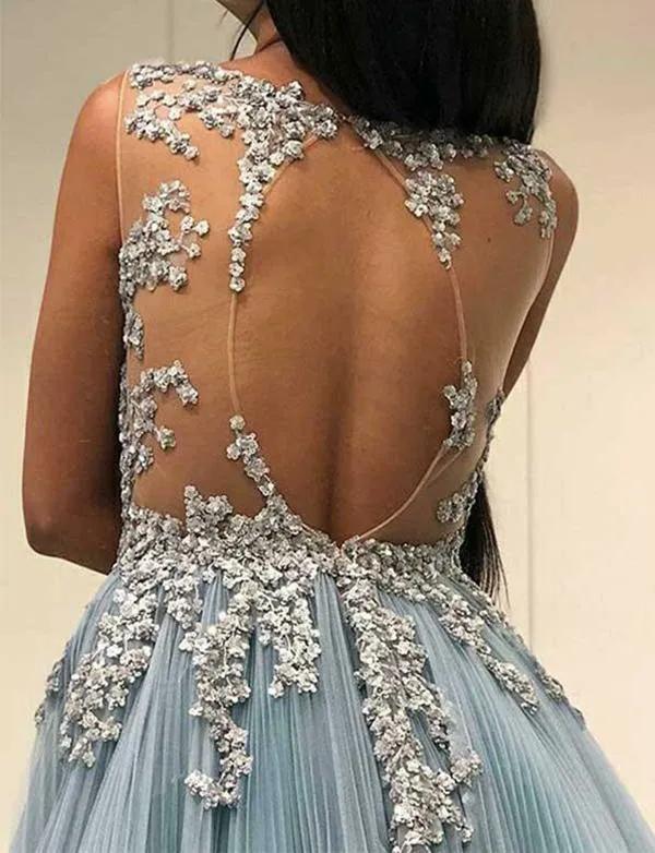 Light Blue Round Neck Appliques Prom Dresses Open Back Tulle Evening Dresses