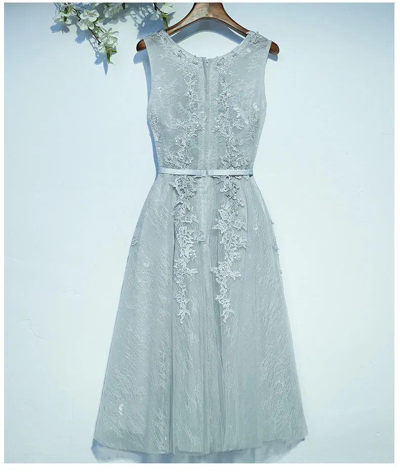 Light Grey Tea Length Round Neckline Bridesmaid Dress, Short Wedding Party Dress