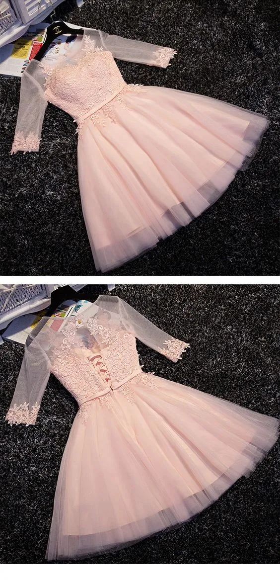 Light Pink Short Sleeves Lace Party Dress, Pink Bridesmaid Dresses, Cute Junior Prom Dress