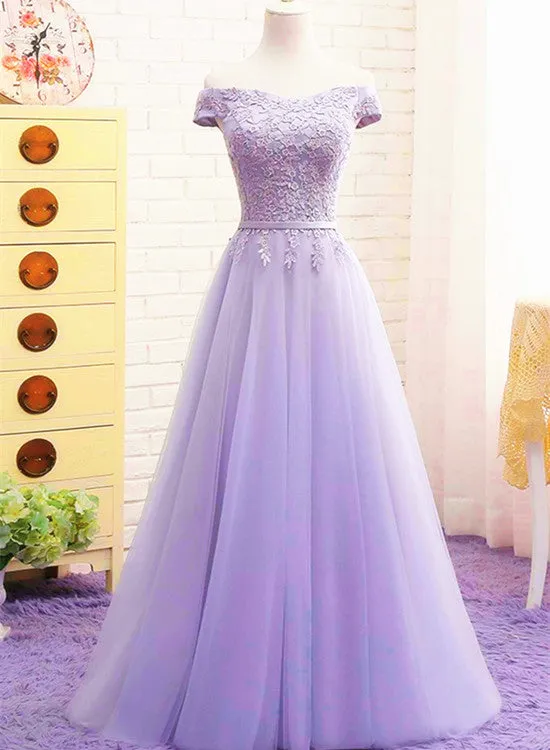 Light Purple Sweetheart Lace Applique Off Shoulder Prom Dress, A-line Long Party Dress