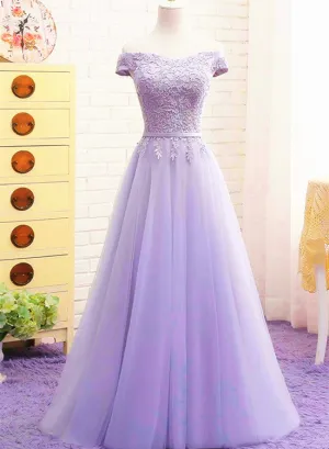 Light Purple Sweetheart Lace Applique Off Shoulder Prom Dress, A-line Long Party Dress
