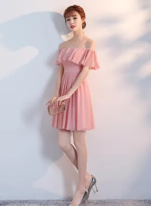 Lovely Off Shoulder Light Pink Short Bridesmaid Dress, Pink Homecoming Dresses