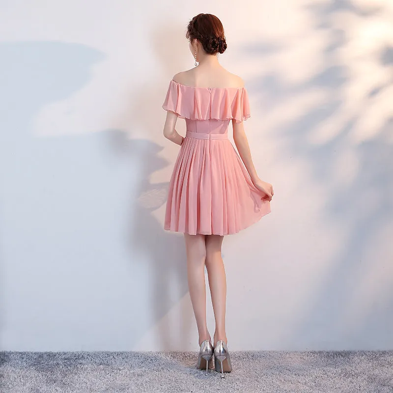 Lovely Off Shoulder Light Pink Short Bridesmaid Dress, Pink Homecoming Dresses