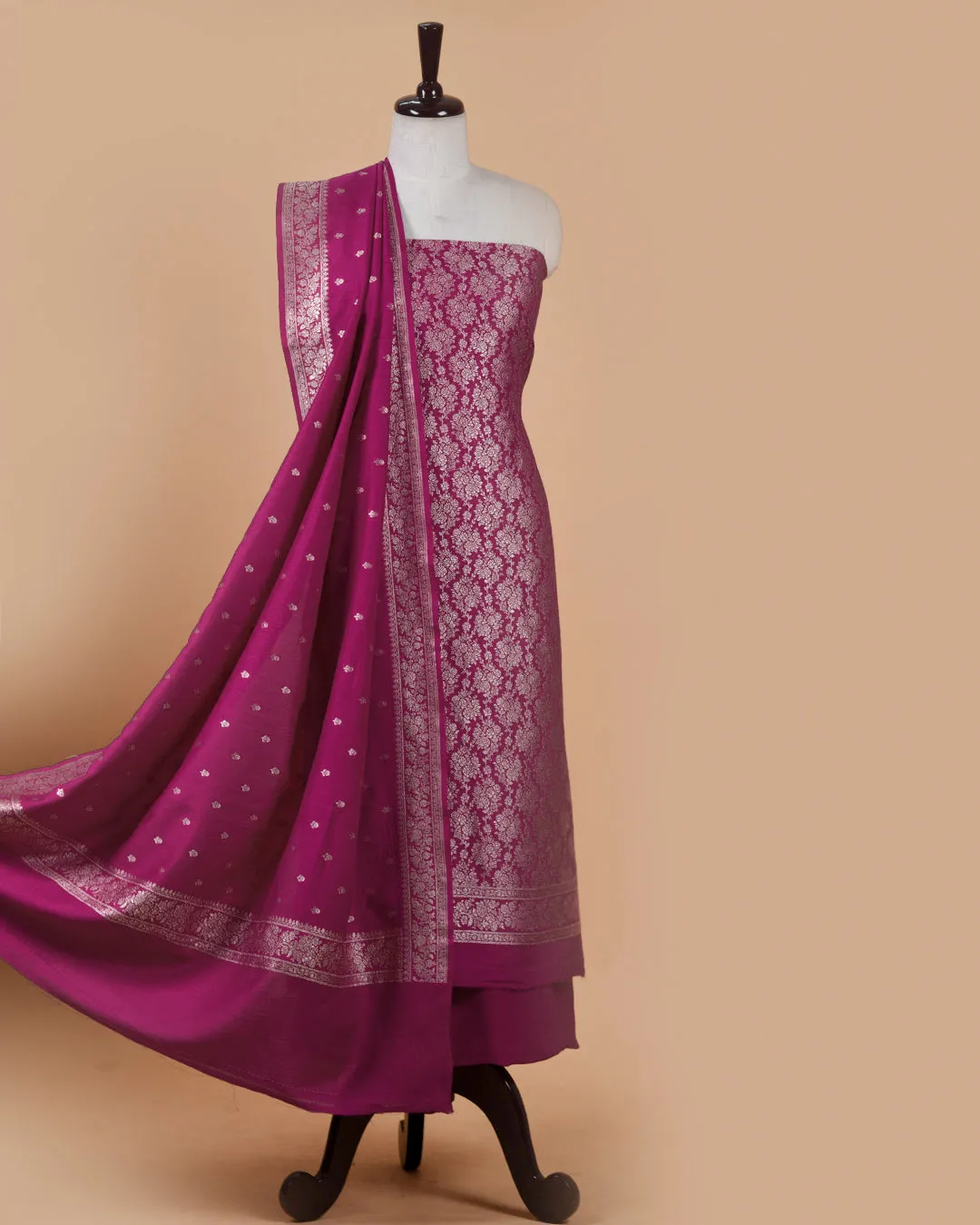 Magenta Handloom Silk Banarasi Woven Unstitched Suit Fabric Set With Handloom Silk Woven Dupatta