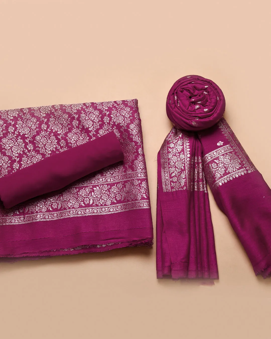 Magenta Handloom Silk Banarasi Woven Unstitched Suit Fabric Set With Handloom Silk Woven Dupatta