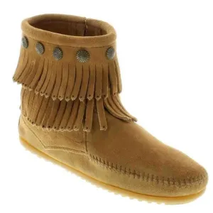 MINNETONKA WOMEN'S DOUBLE FRINGE SIDE ZIP BOOT,TAUPE,8.5 M US
