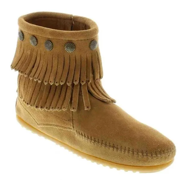 MINNETONKA WOMEN'S DOUBLE FRINGE SIDE ZIP BOOT,TAUPE,8.5 M US