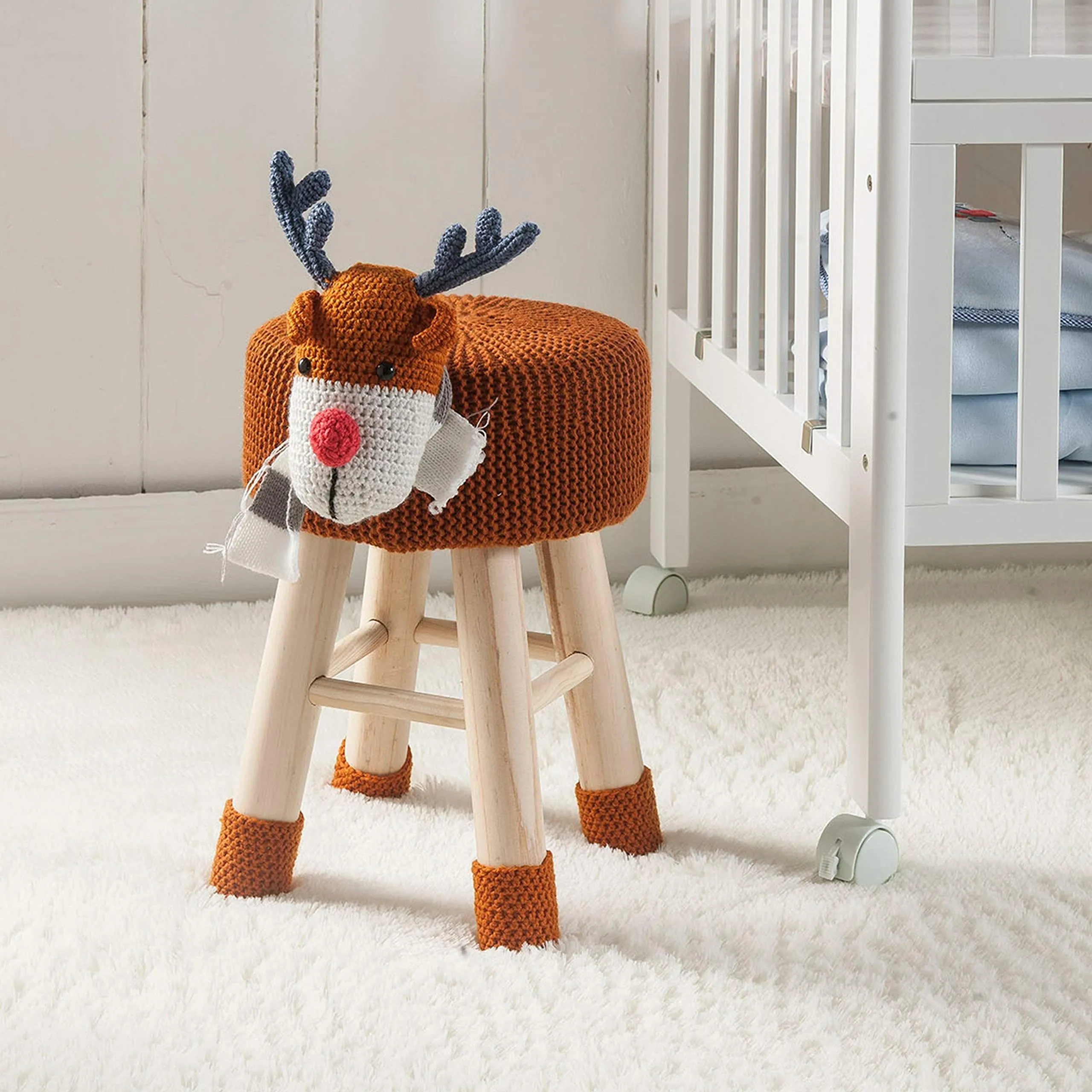 Modern Woven Brown Deer Ottoman Stool with Wooden Legs Contemporary