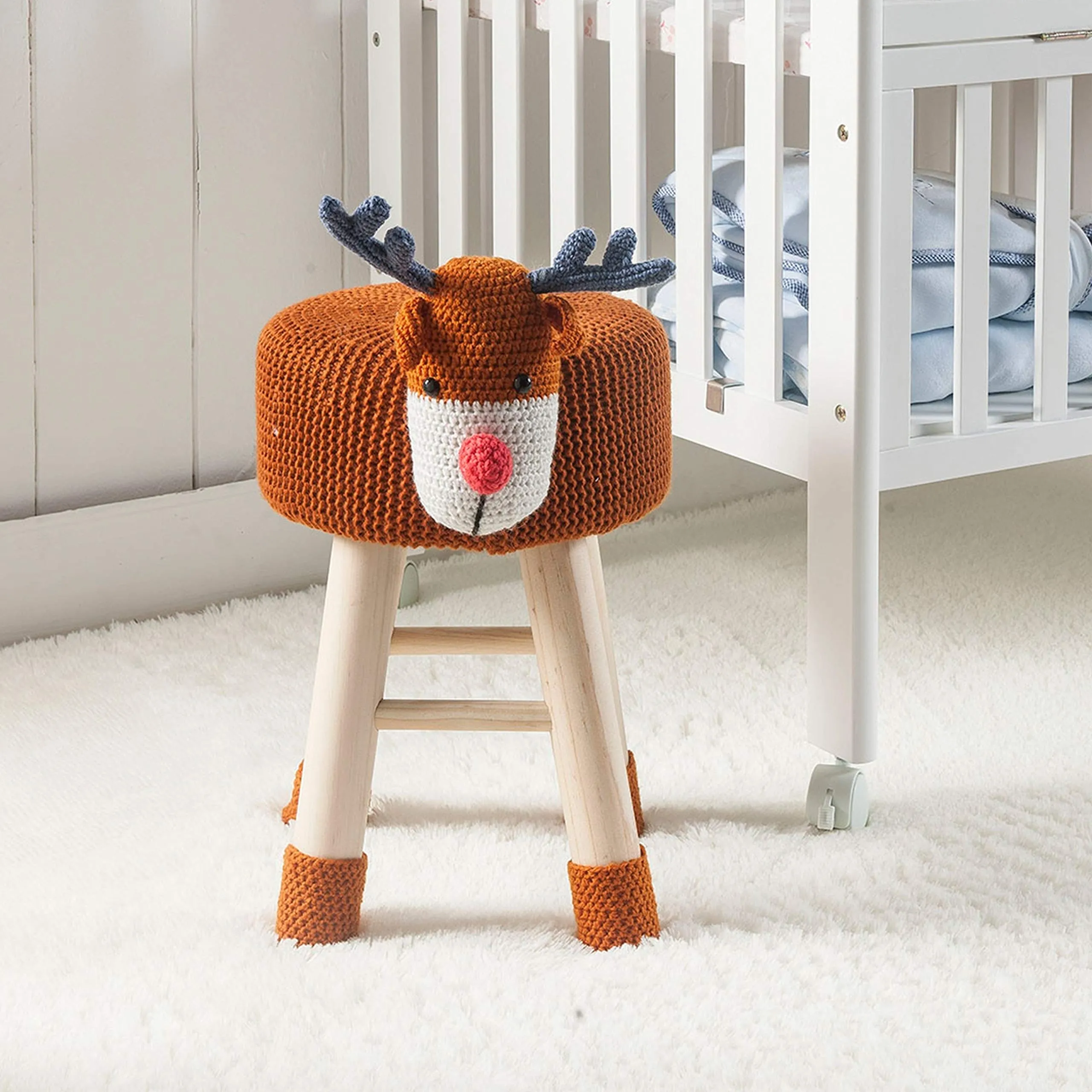 Modern Woven Brown Deer Ottoman Stool with Wooden Legs Contemporary