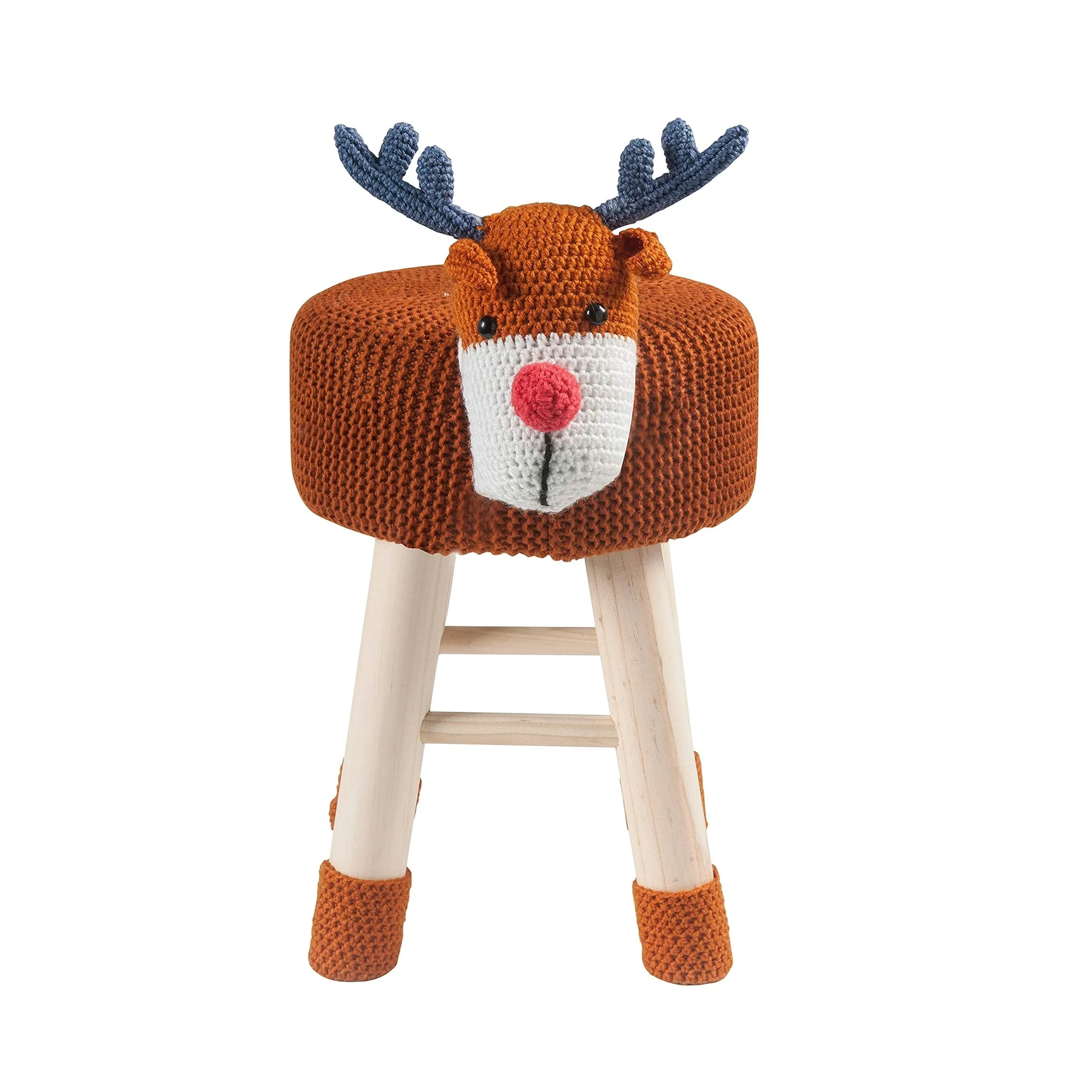 Modern Woven Brown Deer Ottoman Stool with Wooden Legs Contemporary