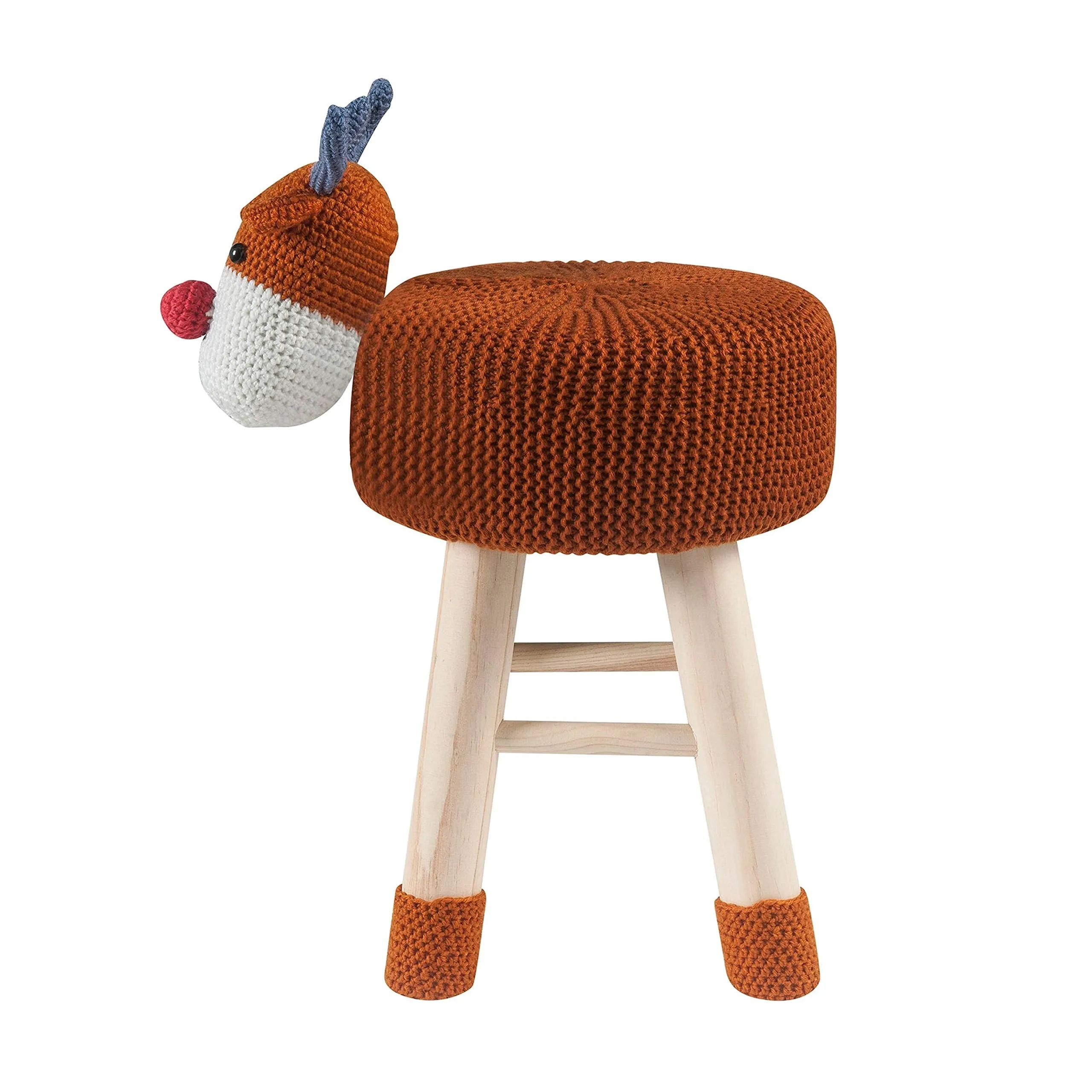 Modern Woven Brown Deer Ottoman Stool with Wooden Legs Contemporary