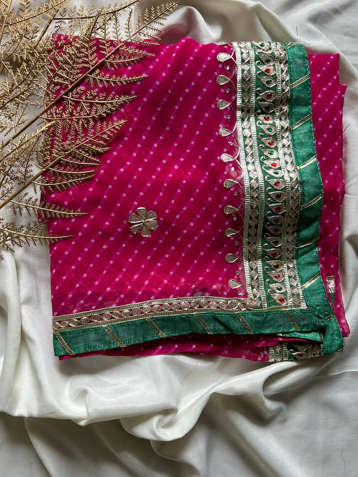 Mothra Gota Patti Saree In Rani Pink