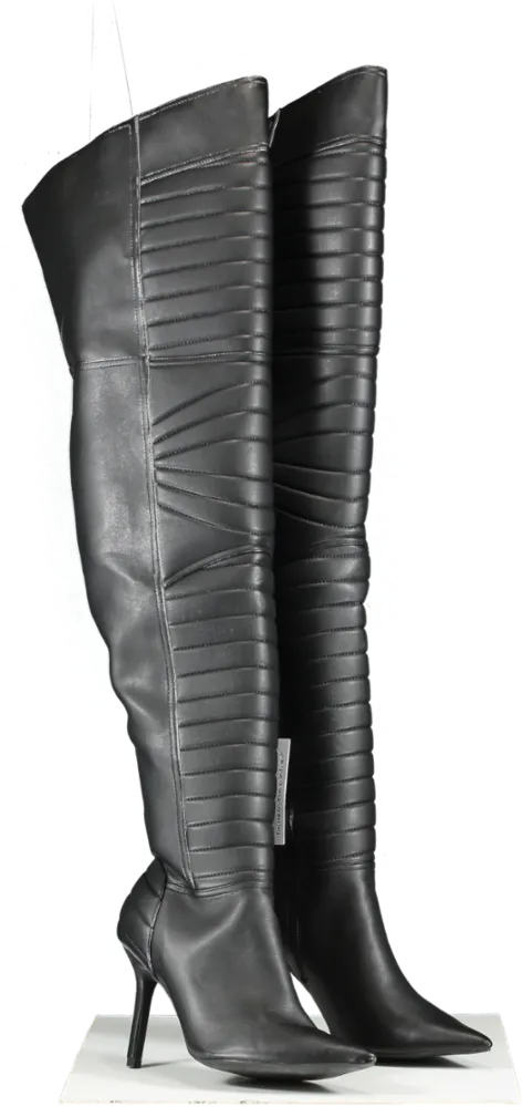 Nasty Gal Black Faux Leather Padded Motocross Thigh High Boots UK 7 EU 40 👠