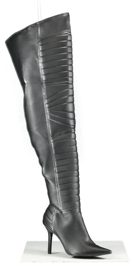 Nasty Gal Black Faux Leather Padded Motocross Thigh High Boots UK 7 EU 40 👠