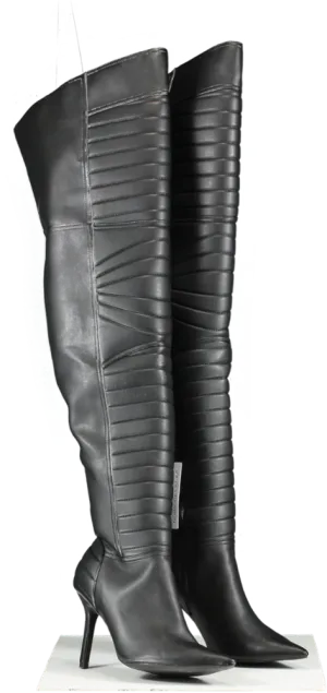 Nasty Gal Black Faux Leather Padded Motocross Thigh High Boots UK 7 EU 40 👠