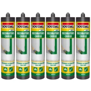 Pack of 6 Soudal Decorators Caulk White Acrylic Flexible Sealant - 290ml