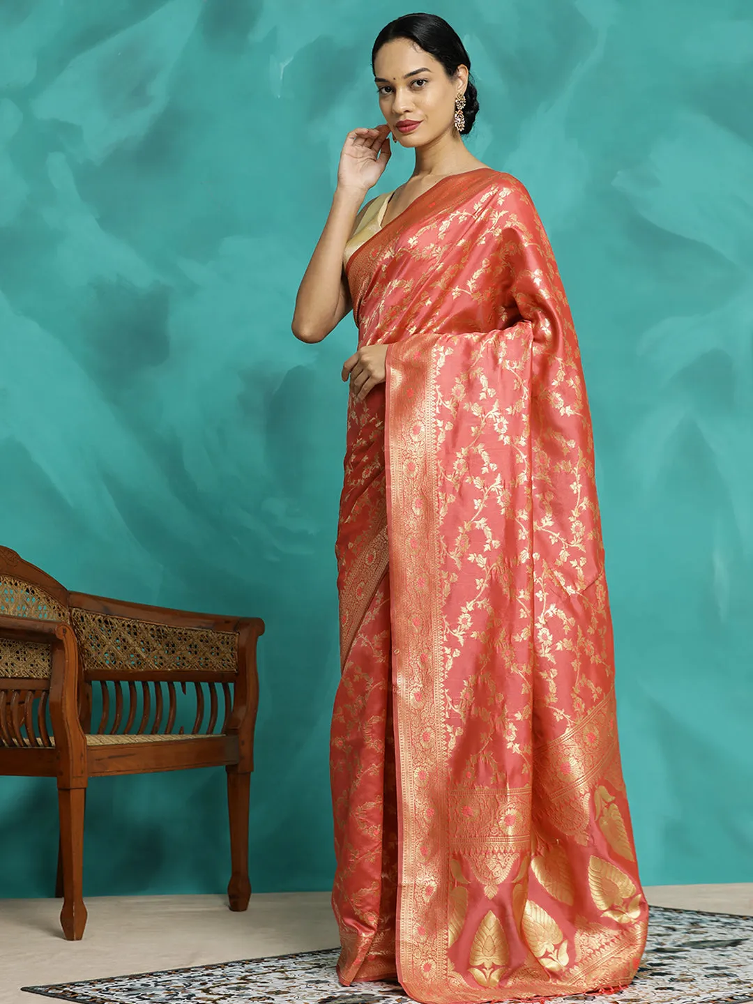 Peach Zari Woven Banarasi Saree