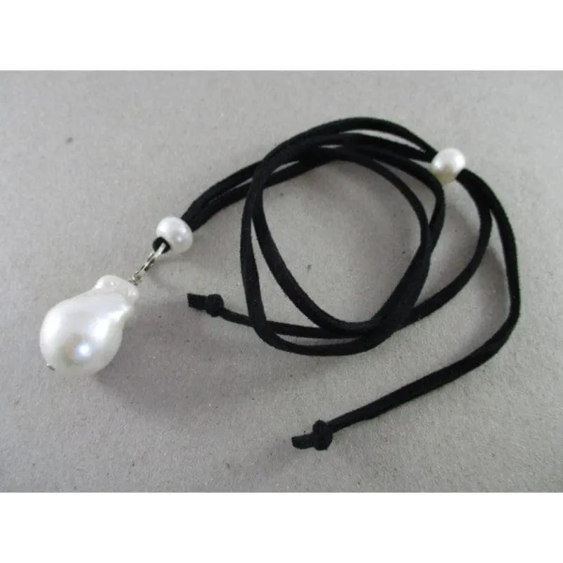 Pearl Necklace Baroque with Short Black Suede