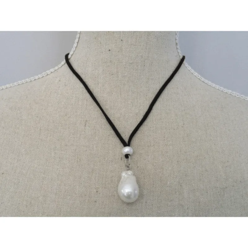 Pearl Necklace Baroque with Short Black Suede