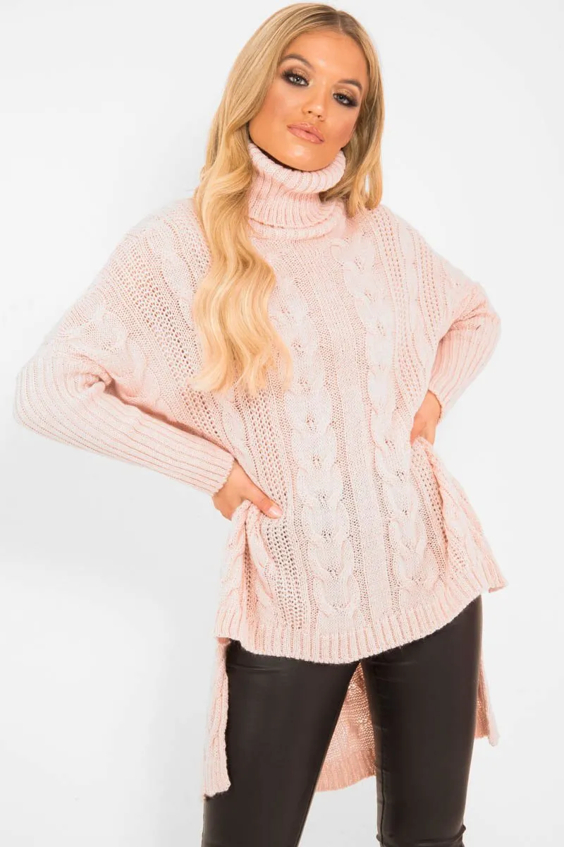 Pink Cable Knit Roll Neck Jumper - Laraina