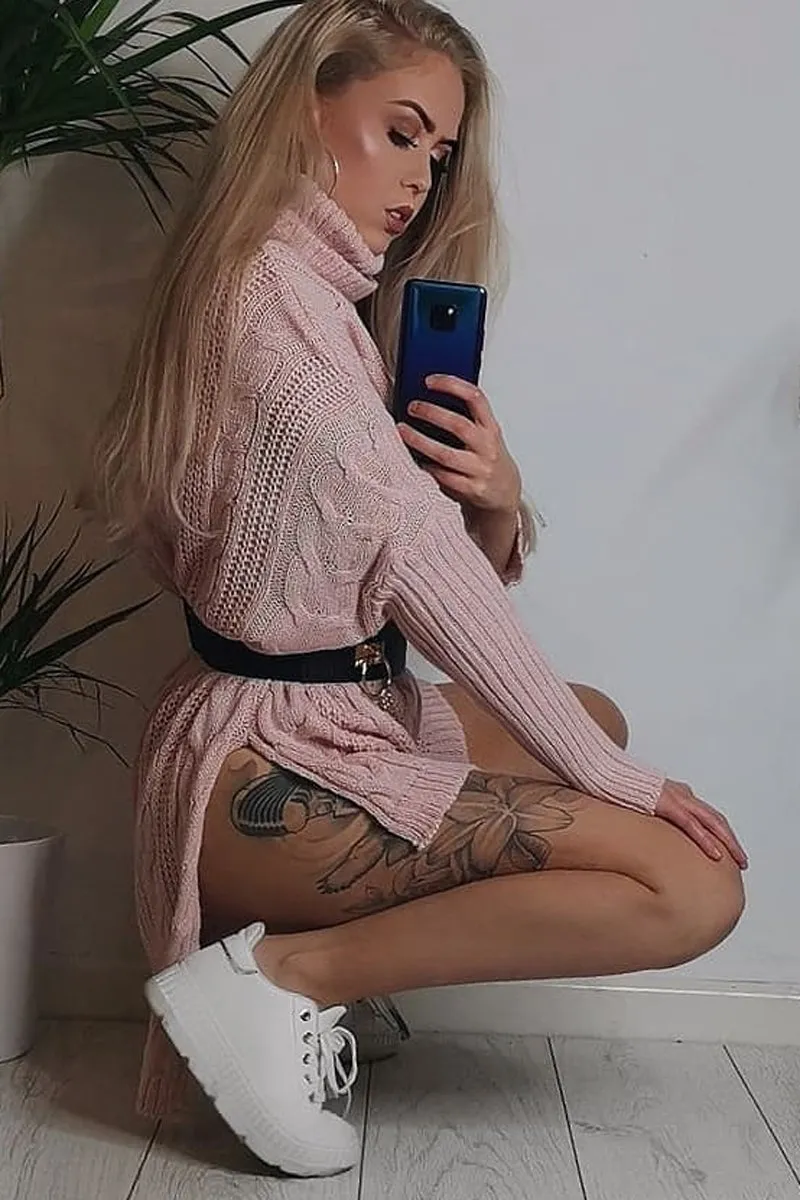 Pink Cable Knit Roll Neck Jumper - Laraina