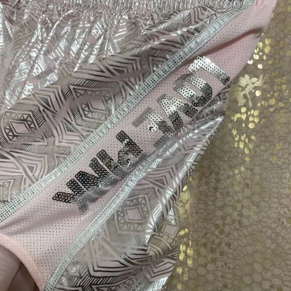 PINK Victorias Secret Silver Pink Sequin Bling Campus Running Shorts, S NWT