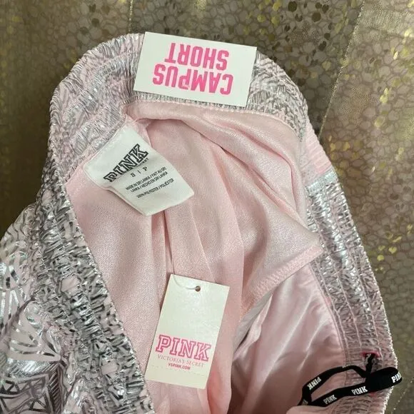 PINK Victorias Secret Silver Pink Sequin Bling Campus Running Shorts, S NWT