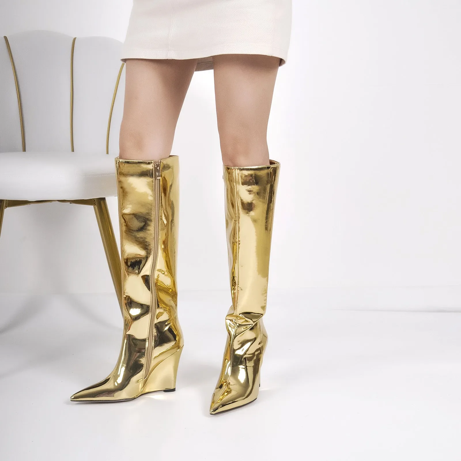 Pointed Toe Metallic Wedge Heel Knee High Boots