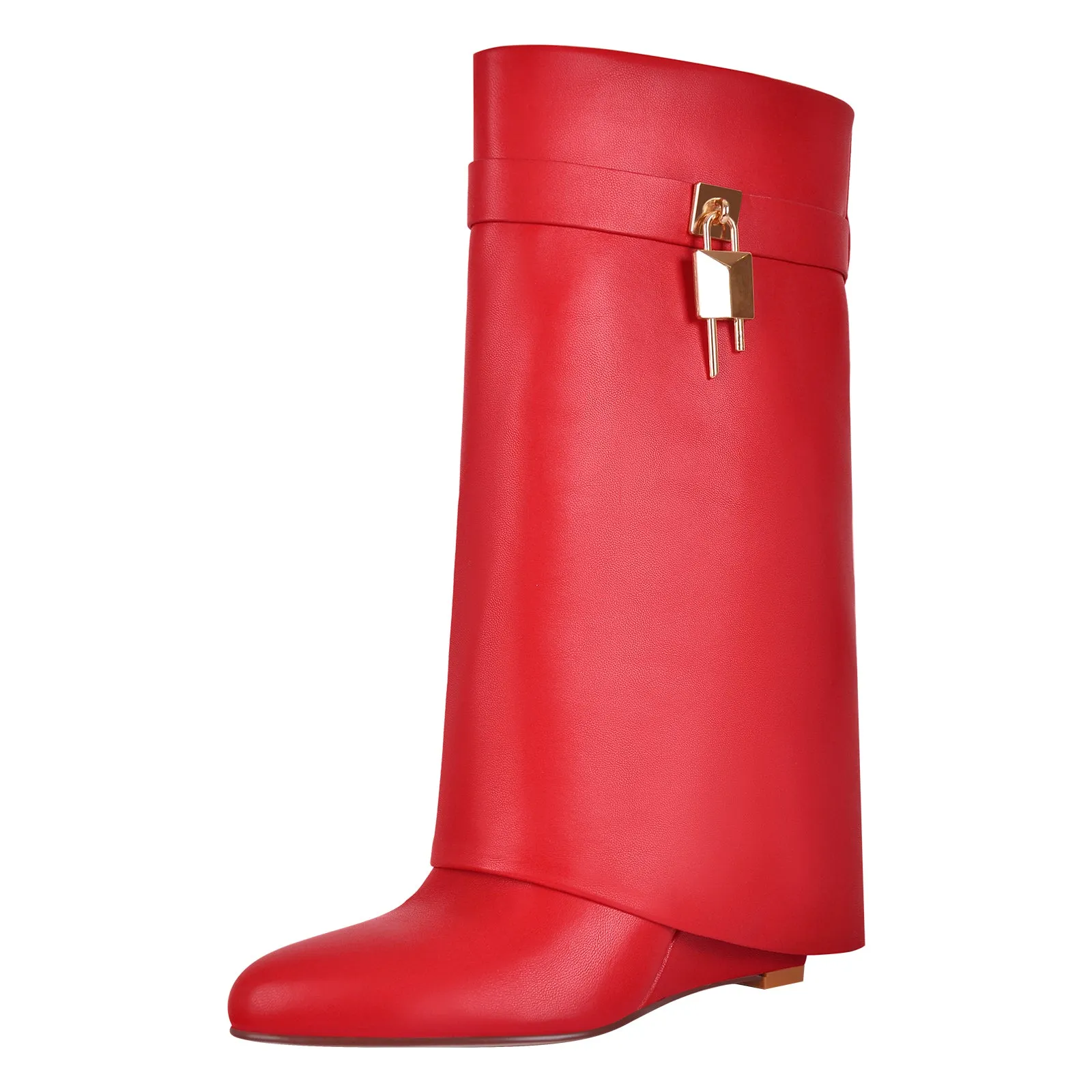 Pointed Toe Mid-Calf Wedge Fold Over Boots