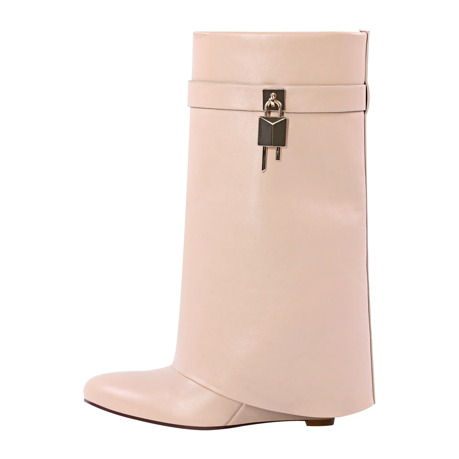 Pointed Toe Mid-Calf Wedge Fold Over Boots